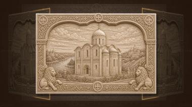 Orthodox icons and panels Assumption Cathedral of Vladimir - white stone temple and lions 3d model