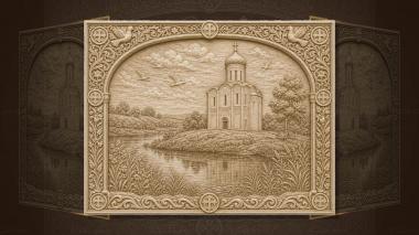 Orthodox icons and panels Intercession on the Nerl - a temple by the river and meadow 3d model