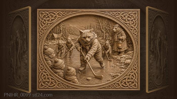 Коты играют в хоккей на озере