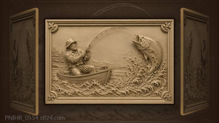 Narrative wall panels - Bearded angler in a boat and leaping fish ...