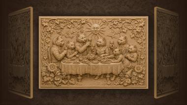 Narrative wall panels Cozy cat family feast celebration 3d model