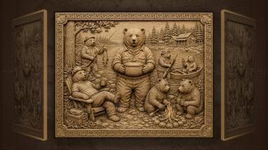 Narrative wall panels Bears festive lakeside gathering fun 3d model