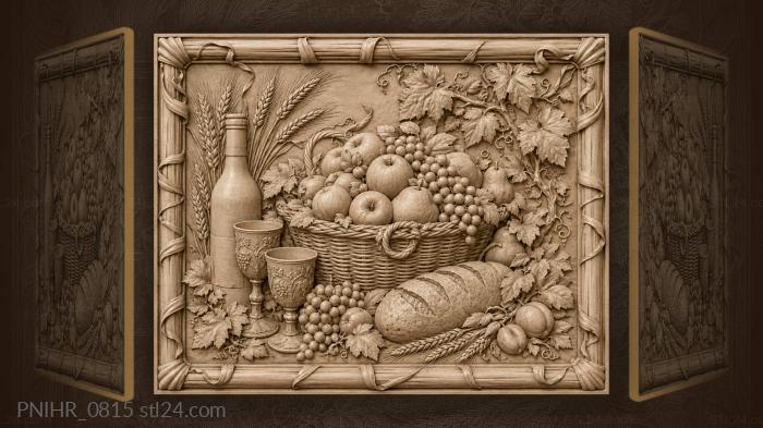 Корзина яблок с бутылью и двумя кубками