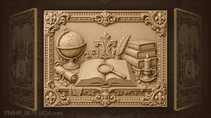 Лупа на раскрытой книге у глобуса