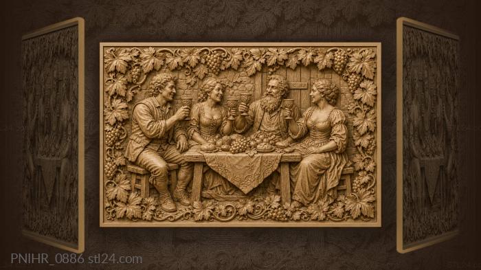 3d Model Rustic Table Leg Narrative wall panels - Rustic feast with wine and friends, PNIHR_0886 ...