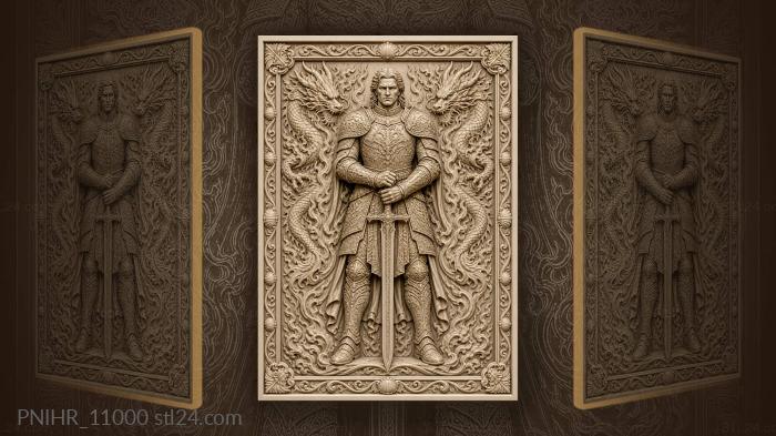 Narrative wall panels - Swordsman among dragons and flame patterns ...