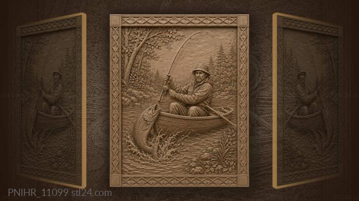 Narrative wall panels - Seated angler and the fish before his boat ...