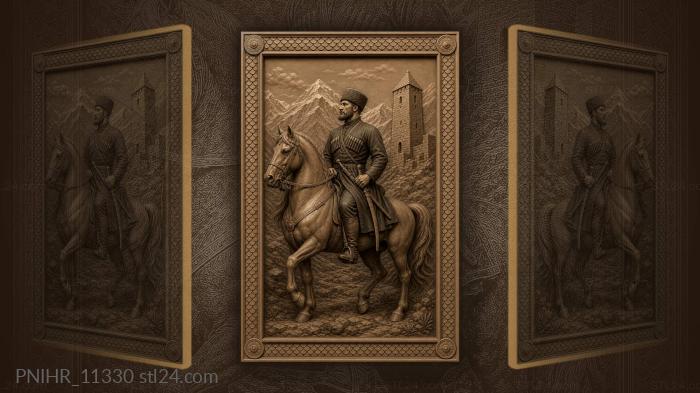 Конник у башни в снежных горах