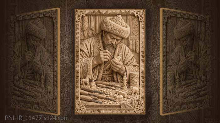 Косторез в меховой шапке за фигурками