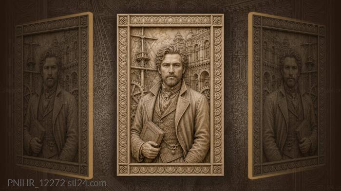 Жюль Верн с книгой у мачты и шестерён