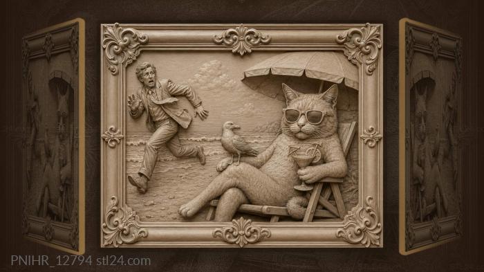 Кот на пляже отдыхает с коктейлем