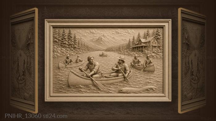 Narrative wall panels - Canoes water fish village scene, PNIHR_13060 ...