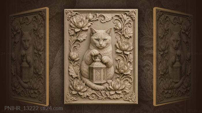 Кот с фонариком в цветах