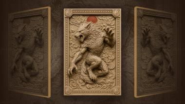 Narrative wall panels Wolf leaping from clouds under red disc 3d model