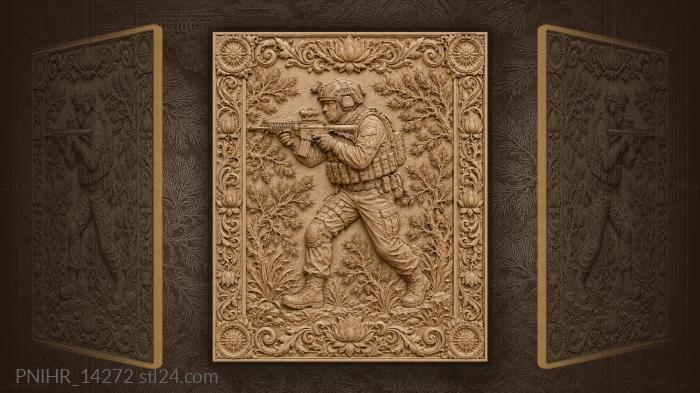 Боец с автоматом пробирается среди сосен