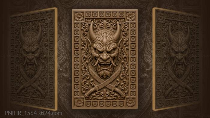 Narrative wall panels - Oni mask with crossed blades, PNIHR_1564. 3D ...