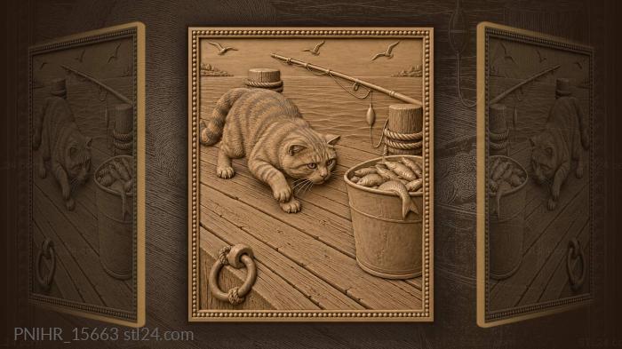 Narrative wall panels - Cat stalking fish on pier, PNIHR_15663. 3D stl ...