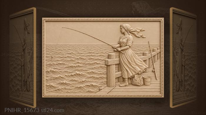 Narrative wall panels - Girl fishing by the pier, PNIHR_15673. 3D stl ...