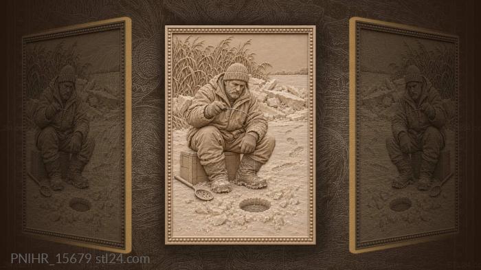 Рыбак играет мормышкой над лункой