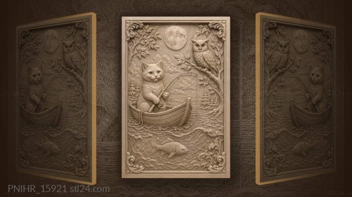 Narrative wall panels - Cat fishing under the moon, PNIHR_15921. 3D stl ...