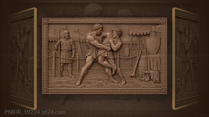 Силач поднимает противника на турнирной траве