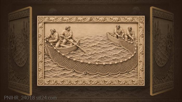 Рыбаки стягивают сеть между лодками