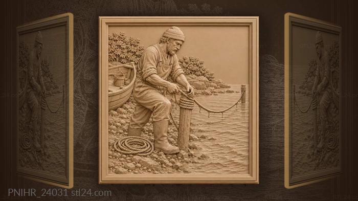 Рыбак собирает улов у воды