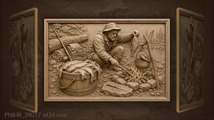 Рыбак готовит улов у костра