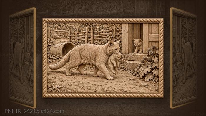 Кошка несёт котёнка через двор