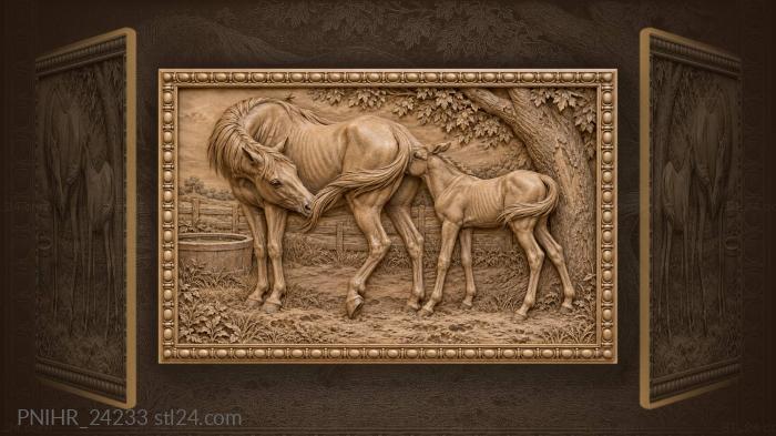 Кобыла хвостом отгоняет мух от жеребенка