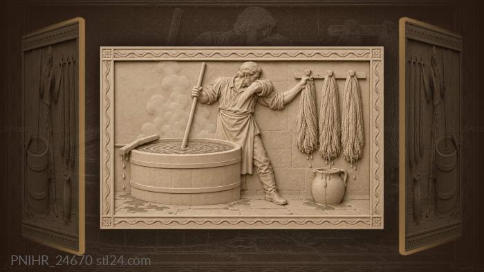 Красильщик с синим красителем и шерстью