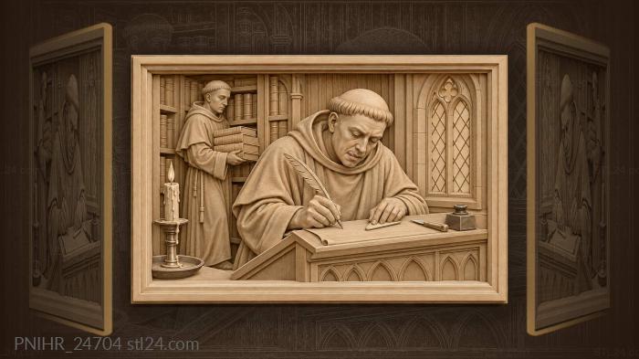 Монах со свечой и стопкой книг