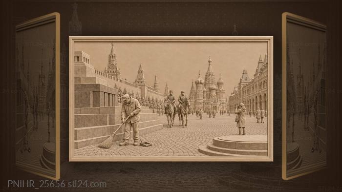 Дворник метёт брусчатку у кремлёвской стены · собор Василия Блаженного