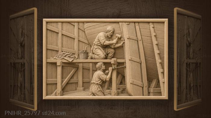 Корабел забивает штифт в руль каравеллы