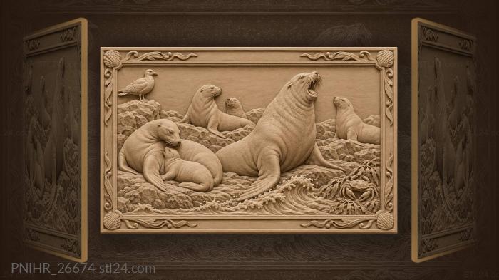 Львы на прибрежных камнях с детенышем