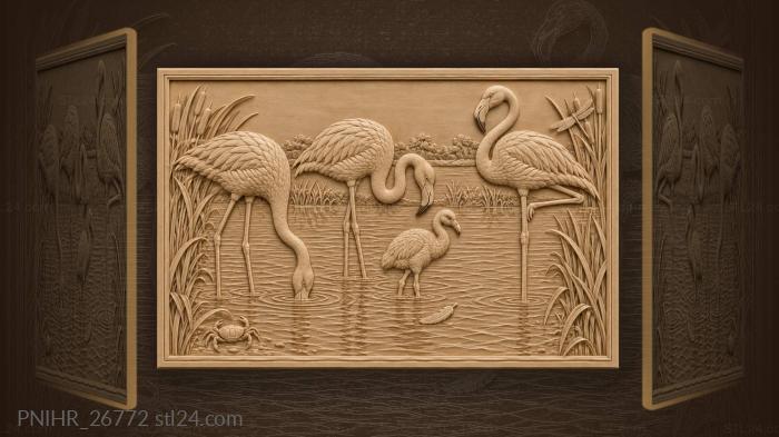 Розовые фламинго у воды с крабиком