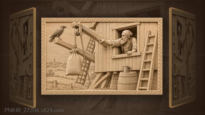 Мельник поднимает мешок через блок