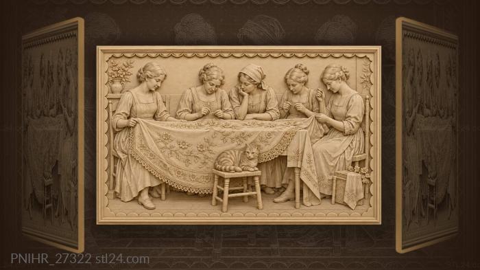 Ткут кружево с кошкой у ног