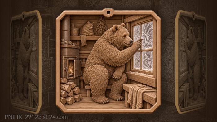 Медведь рисует мороз на банном окне