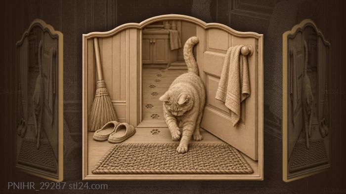Кошка у порога умывается лапками