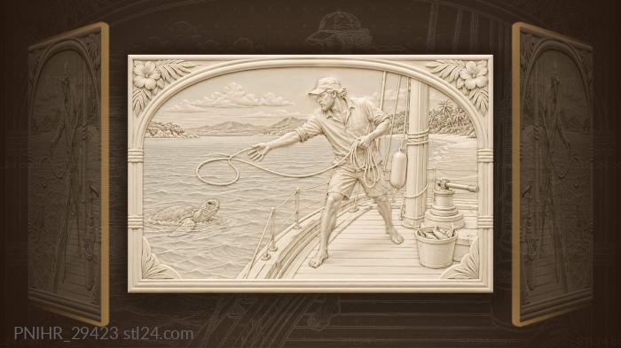 Моряк с черепахой у причала