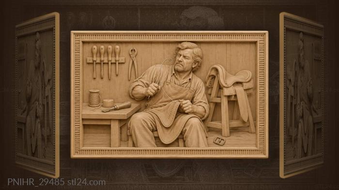 Шорник тянет шило сквозь кожаный клапан