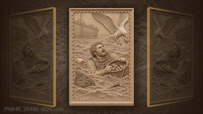 Ныряльщик выносит корзину устриц из моря