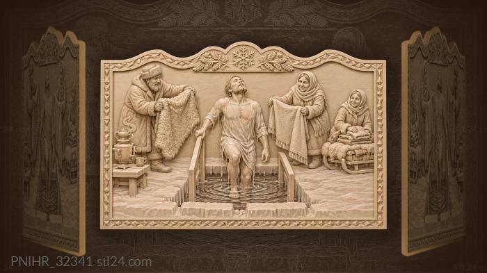 Купальщик спускается в ледяную прорубь