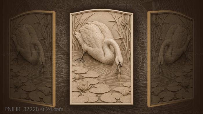 Лебедь вытягивает водоросль из пруда