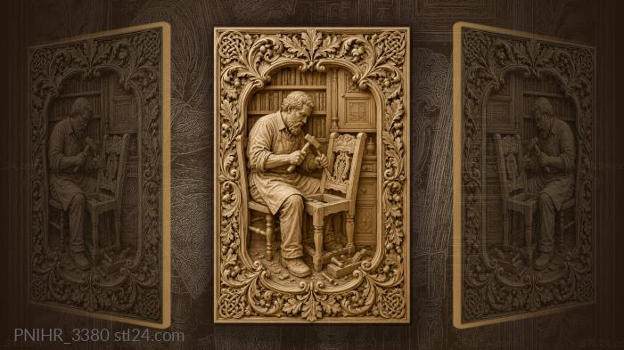 Бородач чинит стул у книжных полок