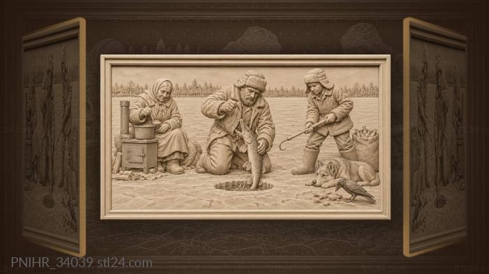 Рыбаки вытаскивают щуку из проруби