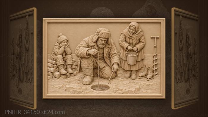 Семья ловит рыбу на льду