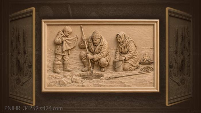 Рыбак бьет острогой подо льдом