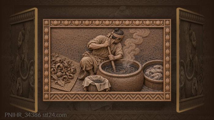 Красильщик размешивает индиго бамбуковым шестом